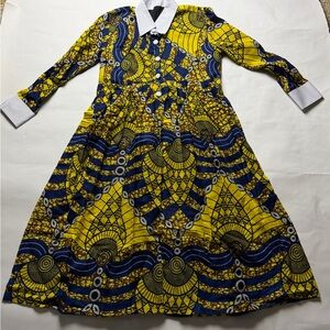 Vibrant Yellow and Blue Midi Patterned Cotton Midi Dress